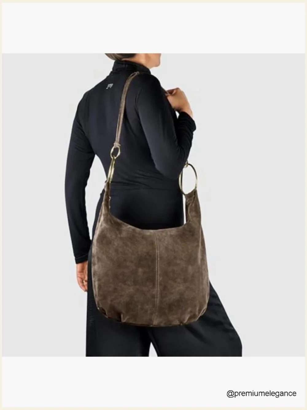 Italian Suede Hobo Bag with Ring Hardware Large Shoulder Purse